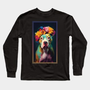 American Staffordshire Terrier Pitbull Vibrant Tropical Flower Tall Digital Oil Painting Portrait  10 Long Sleeve T-Shirt